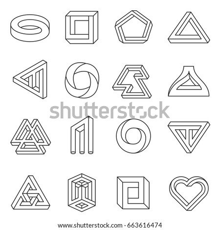 Impossible figures line art collection. Type of optical illusion, reality trick, fascinating objects of geometry. Vector flat style illustration isolated on white background