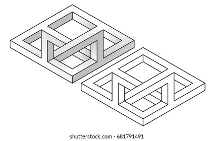 Impossible figures, linear and realistic, vector