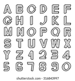 Impossible font set, including numerals, black outlines.