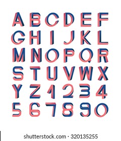 Impossible font set, including numerals. Red and blue gradients, white striped edges.