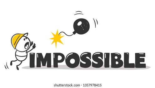 Impossible. Funny man destroys obstacles to the goal, vector illustration.