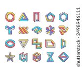 impossible geometric shape icons set vector. triangle illusion, abstract 3d optical cube, infinity object art, paradox esher impossible geometric shape color line illustrations
