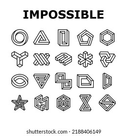 impossible geometric shape icons set vector. triangle illusion, abstract 3d optical cube, infinity object art, paradox esher impossible geometric shape black contour illustrations