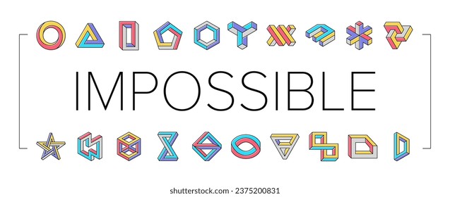 impossible geometric shape icons set vector. triangle illusion, abstract 3d optical cube, infinity object art, paradox esher impossible geometric shape color line illustrations