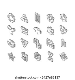 conjunto de iconos isométricos de forma geométrica imposible. ilusión de triángulo, cubo óptico 3d abstracto, arte de objeto infinito, paradoja esher forma geométrica imposible línea de color