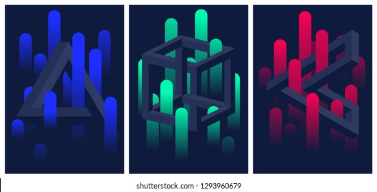 Formas geométricas imposibles y líneas de degradado de color, conjunto de volantes y folletos, fondo abstracto vectorial de ilusión óptica para su diseño