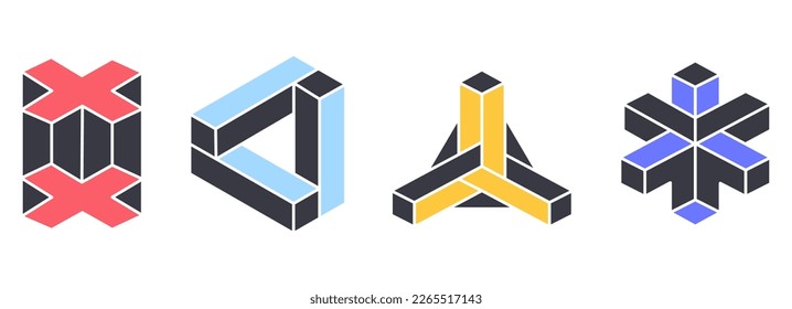 Unmögliche geometrische Formen. optische Täuschung, unreale abstrakte Elemente, geometrische Figuren der optischen Täuschung, flache Vektorgrafik-Set