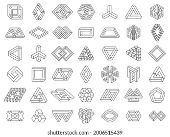 Impossible geometric shapes. Paradox geometry line figures, unexpanded, impossible geometry vector symbols set. Optical illusion geometric symbols. Modern unreal structures collection