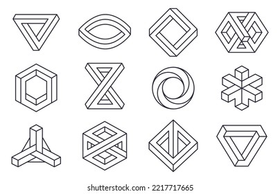 Impossible geometric shapes, unreal line figures elements. Visual optical illusion symbols, abstract delusion forms flat vector illustrations set. Optical illusion shapes collection