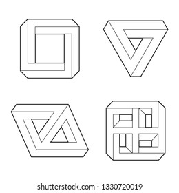 Impossible geometry shape. Optical Illusion. Line design. Impossible geometry symbols vector set. Escher paradox impossible geometry geometric graphic. Original outline vector (non expanded stroke).