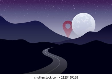 Impossible goal or destination, illustrated by putting map pin behind moon and stars, indicating it is farther than moon and stars and can't be reached by road