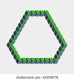 Impossible hexagon constructed of green blue cube blocks. Math object with mental trick. Isometric 3d design. Optical art, illusion of brain. Symbol with three-dimensional effect. Visual paradox maze.