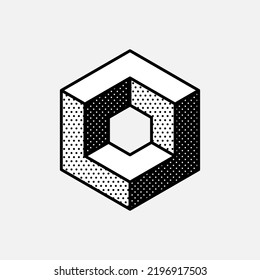 Impossible hexagon vector shape. Optical illusion sign. Retro 3d black and white logo with polka dot pattern on the sides. Vector isometric icon for halftone label, illusion company, vintage posters.