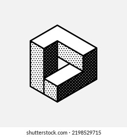 Forma vectorial hexagonal imposible. Señal de ilusión óptica. Logo retro 3d en blanco y negro con patrón de puntos polka en los lados. Icono vectorial isométrico para etiqueta de medio tono, compañía de ilusión, afiches vintage.