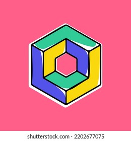 Impossible Hexagon Vector Shape. Optical Illusion Sign. Modern Handwritten 3d Logo With Paint Shift. Vector Isometric Icon For Childish Label, Toy Company, Colorful Posters.