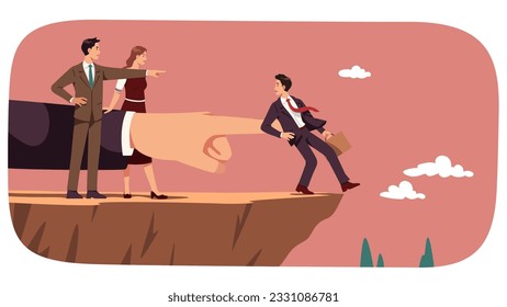 Imposibles requisitos de trabajo o concepto de tareas difíciles. Jefe y gerentes ejecutivos, hombre, mujer ordenan a empleado o candidato a persona de negocios que salten por el precipicio. Metáfora de prueba extrema ilustración vectorial plana