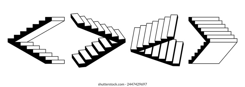 Impossible linear stairway set. Surreal 3d staircase. Black and white stair steps collection. Graphic design illusion element pack concept for poster, banner, flyer, brochure, leaflet. Vector bundle