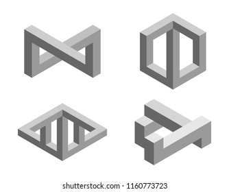 Impossible object set No1. Isolated on white background. 3d Vector illustration.