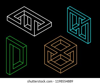Impossible object set No6. Isolated on black background. Vector outline illustration.