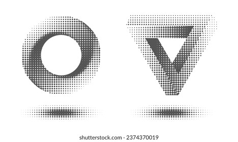 Impossible objects. Penrose triangle and circle. Optical Illusion. Retro 3D black and white halftone logo. Abstract geometric elements. Infinity paradox shapes with halftone dots effect.