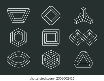Impossible optical illusion geometric shapes. Unreal abstract elements. Visual delusion figures flat vector illustration set