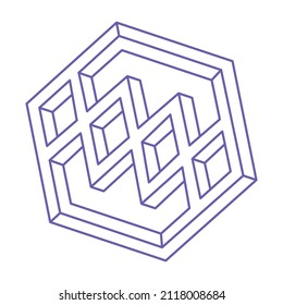 Impossible optical illusion shapes. Optical art objects. Impossible figures. Unreal geometric logo. Tattoo in trendy 2022 Very Peri color.