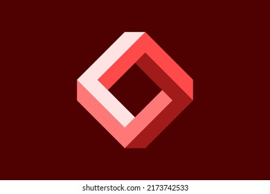 Impossible rectangle shape. Red infinite rhombus figure. Optical illusion. Abstract eternal geometric object. Impossible endless sign. Impossible geometry symbol.