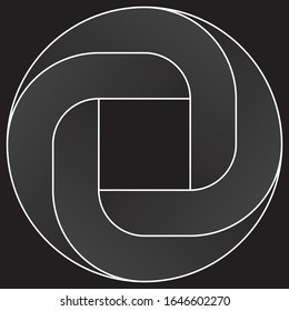 Impossible rounded square icon. White vector optical illusion shape on black background.