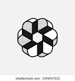 Impossible sector vector shape. Optical illusion sign. Retro 3d black and white logo with polka dot pattern on the sides. Vector isometric icon for halftone label, illusion company, vintage posters.