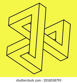 Unmögliche Form. Abstraktes ewiges geometrisches Objekt. Unmögliche endliche Umrisse. Unmögliches Geometriesymbol auf gelbem Hintergrund. Optische Illusion.