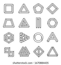 Impossible shape creative icon set, geometrical object. Geometry figure creative drawing, graphic line art collection. Vector Impossible outline shape illustration