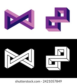 Diseños de formas imposibles. Ilusión óptica aislada sobre fondo blanco y negro. Diseñar elementos. Ilustración vectorial.