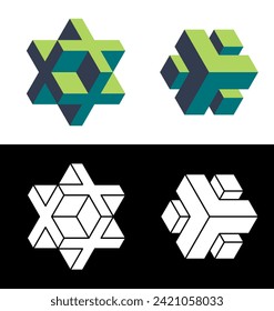 Impossible shape designs. Optical illusion isolated on white and black background. Designing elements. Vector illustration.