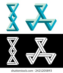Impossible shape designs. Optical illusion isolated on white and black background. Designing elements. Vector illustration.