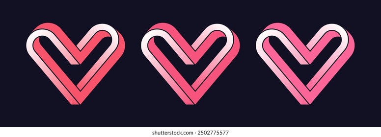 Forma imposible del corazón en estilo 3d aislado en fondo oscuro. Colección del logotipo del corazón para el día de San Valentín, postales o saludo. Ilustración vectorial.