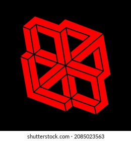 Impossible shape. Logo. Sacred geometry figure. Optical illusion. Abstract eternal geometric object. Impossible endless outline. Line art. Optical art. Impossible geometry shape on a black background.