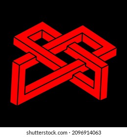 Impossible shape. Logo. Sacred geometry figure. Optical illusion. Abstract eternal geometric object. Impossible endless outline. Line art. Optical art. Impossible geometry shape on a black background.