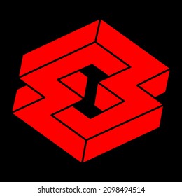Impossible shape. Logo. Sacred geometry figure. Optical illusion. Abstract eternal geometric object. Impossible endless outline. Line art. Optical art. Impossible geometry shape on a black background.