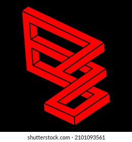 Impossible shape. Logo. Sacred geometry figure. Optical illusion. Abstract eternal geometric object. Impossible endless outline. Line art. Optical art. Impossible geometry shape on a black background.