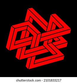 Impossible shape. Logo. Sacred geometry figure. Optical illusion. Abstract eternal geometric object. Impossible endless outline. Optical art. Impossible geometry shape on a black background.