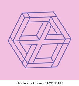 Impossible shape. Logo. Sacred geometry figure. Optical illusion. Abstract eternal geometric object. Impossible endless outline. Line art. Optical art. Impossible geometry shape on a pink background.