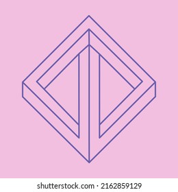 Impossible shape. Logo. Sacred geometry figure. Optical illusion. Abstract eternal geometric object. Impossible endless outline. Line art. Optical art. Impossible geometry shape on a pink background.