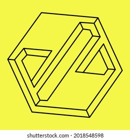 Impossible shape. Optical illusion. Abstract eternal geometric object. Impossible endless outline. Impossible geometry symbol on a yellow background. Op art.