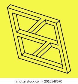 Impossible shape. Optical illusion. Abstract eternal geometric object. Impossible endless outline. Impossible geometry symbol on a yellow background. Sacred geometry.