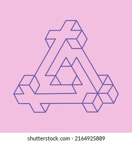 Impossible shape, optical illusion figure, vector triangle. Escher paradox. Optical art object. Geometry modern logo.