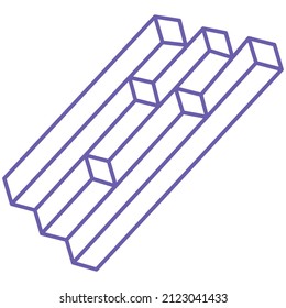 Impossible shape, optical illusion logo in trendy 2022 Very Peri color, vector. Optical art objects. Geometric figure.