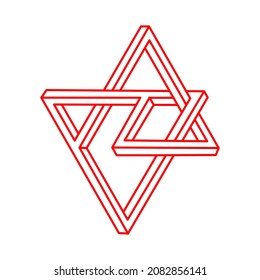 Forma imposible. Figura sagrada de la geometría. Logotipo. Ilusión óptica. Resumen de objetos geométricos eternos. Imposible contorno interminable. Arte óptico. Forma de geometría imposible sobre un fondo blanco.