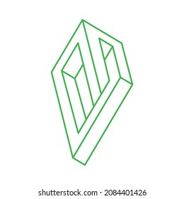 Impossible shape. Sacred geometry figure. Optical illusion. Abstract eternal green geometric object. Optical art. Impossible geometry shape on a white background. Logo. Escher style.