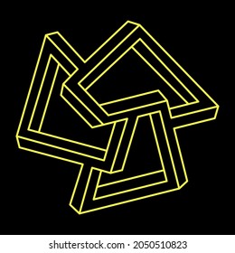 Impossible shape. Sacred geometry figures. Optical illusion. Abstract eternal geometric object. Impossible endless outline. Line art. Optical art. Impossible geometry shape on a black background.