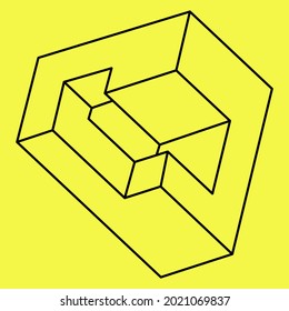 Impossible shape. Sacred geometry. Optical illusion. Abstract eternal geometric object. Impossible endless outline. Impossible geometry object on a yellow background. Op art. Line art.
